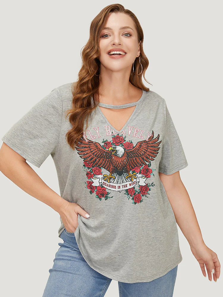 Eagle & Floral Print Keyhole Neck T-shirt - Image 3