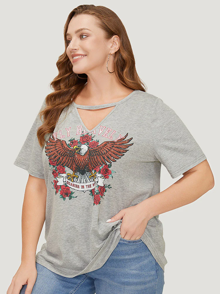Eagle & Floral Print Keyhole Neck T-shirt - Image 4