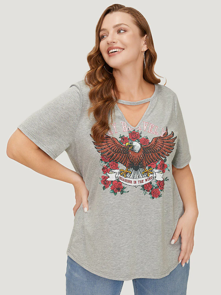 Eagle & Floral Print Keyhole Neck T-shirt - Image 5