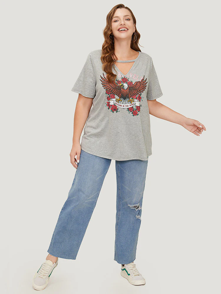 Eagle & Floral Print Keyhole Neck T-shirt - Image 7