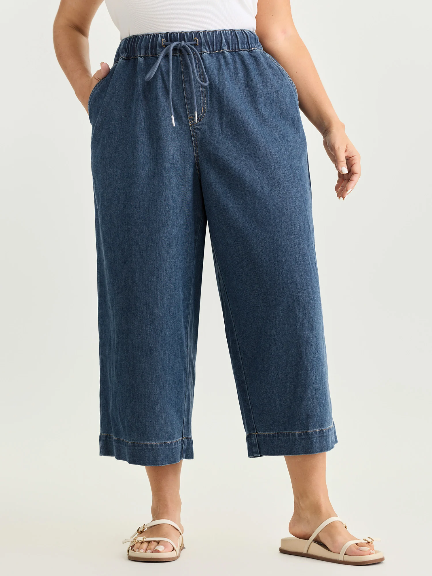 Elastic Drawstring Waistband Wide-Leg Jeans - Image 2