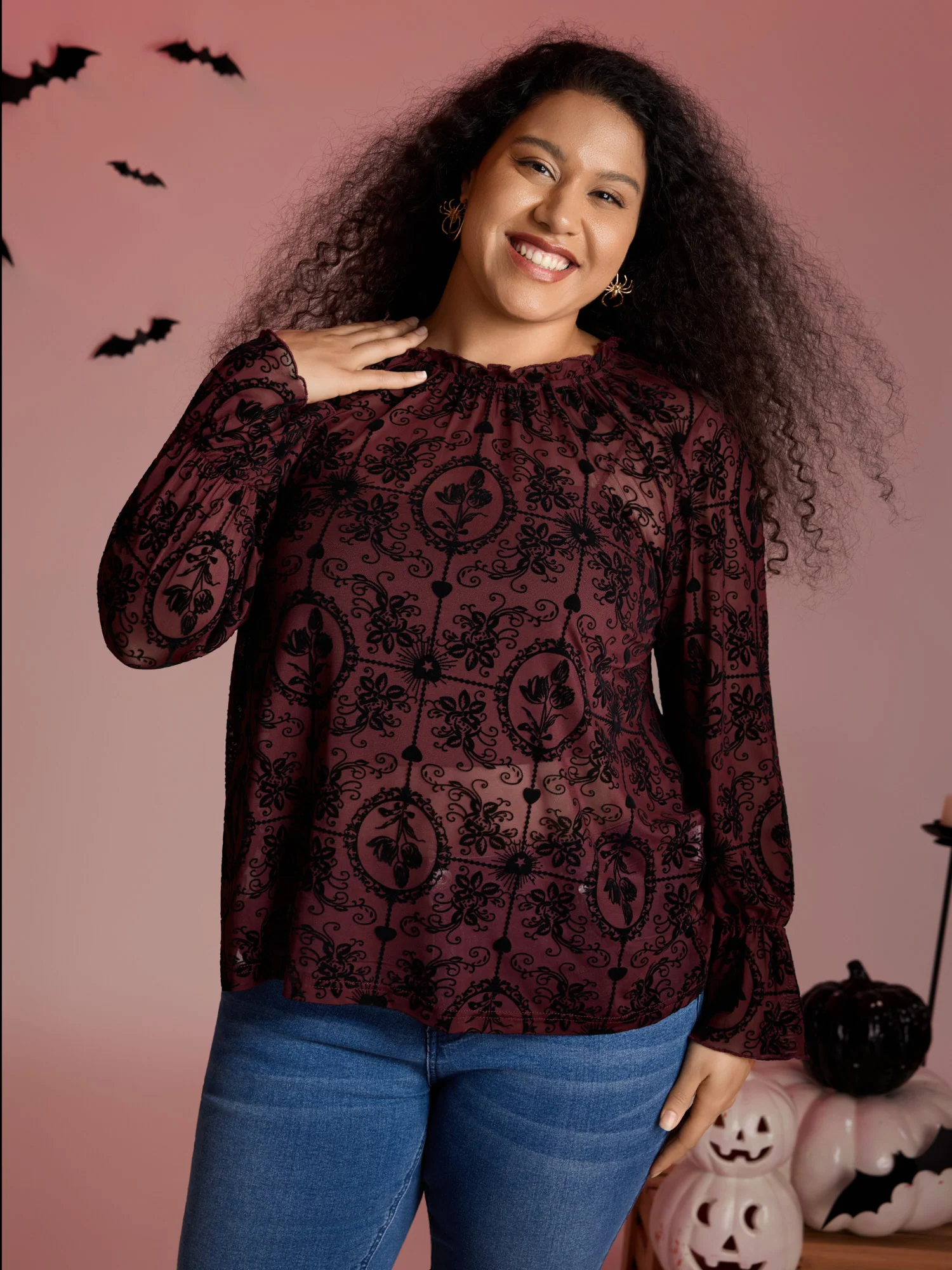 Elastic Flocked Mesh Blouse