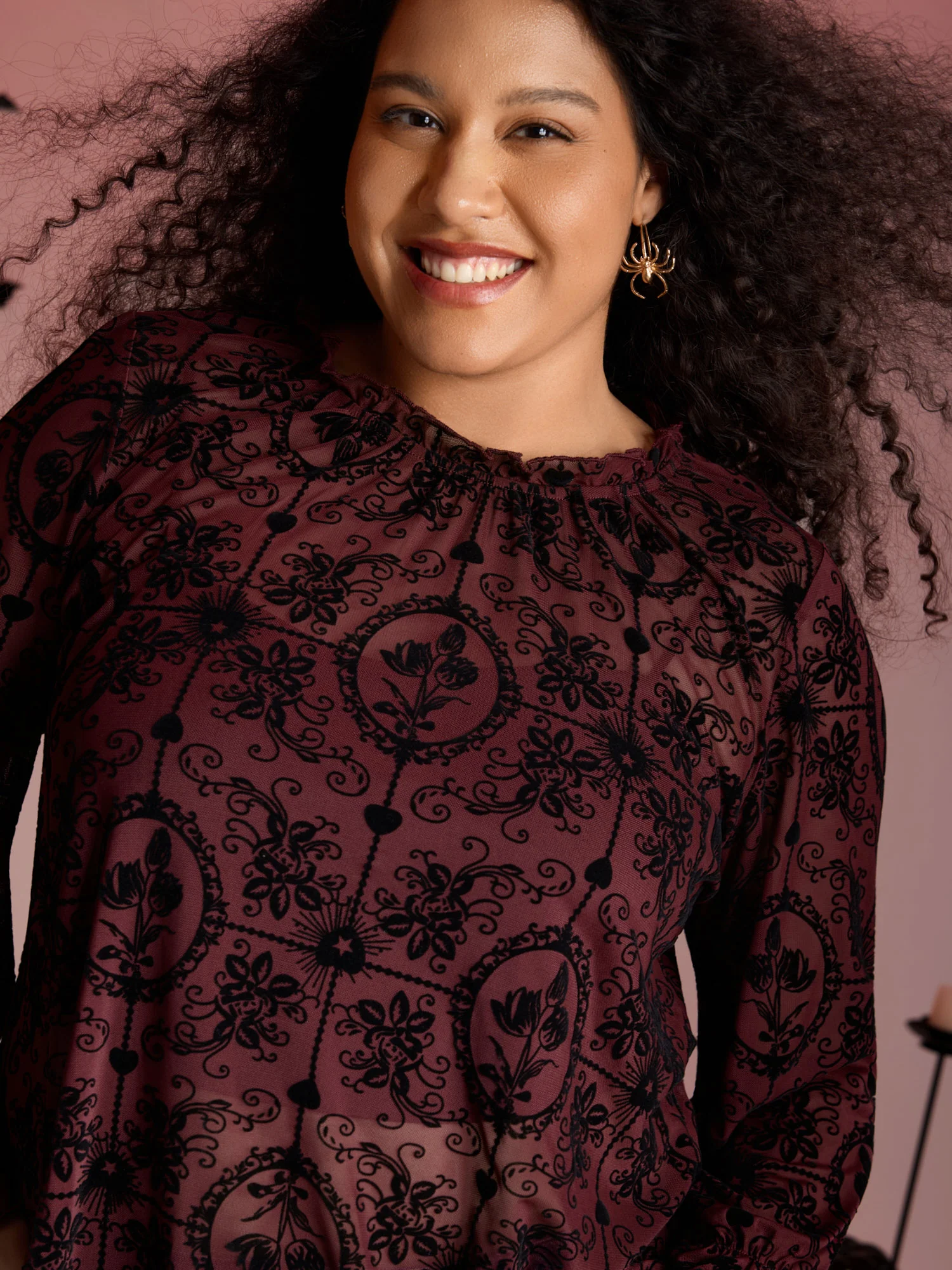 Elastic Flocked Mesh Blouse - Image 2