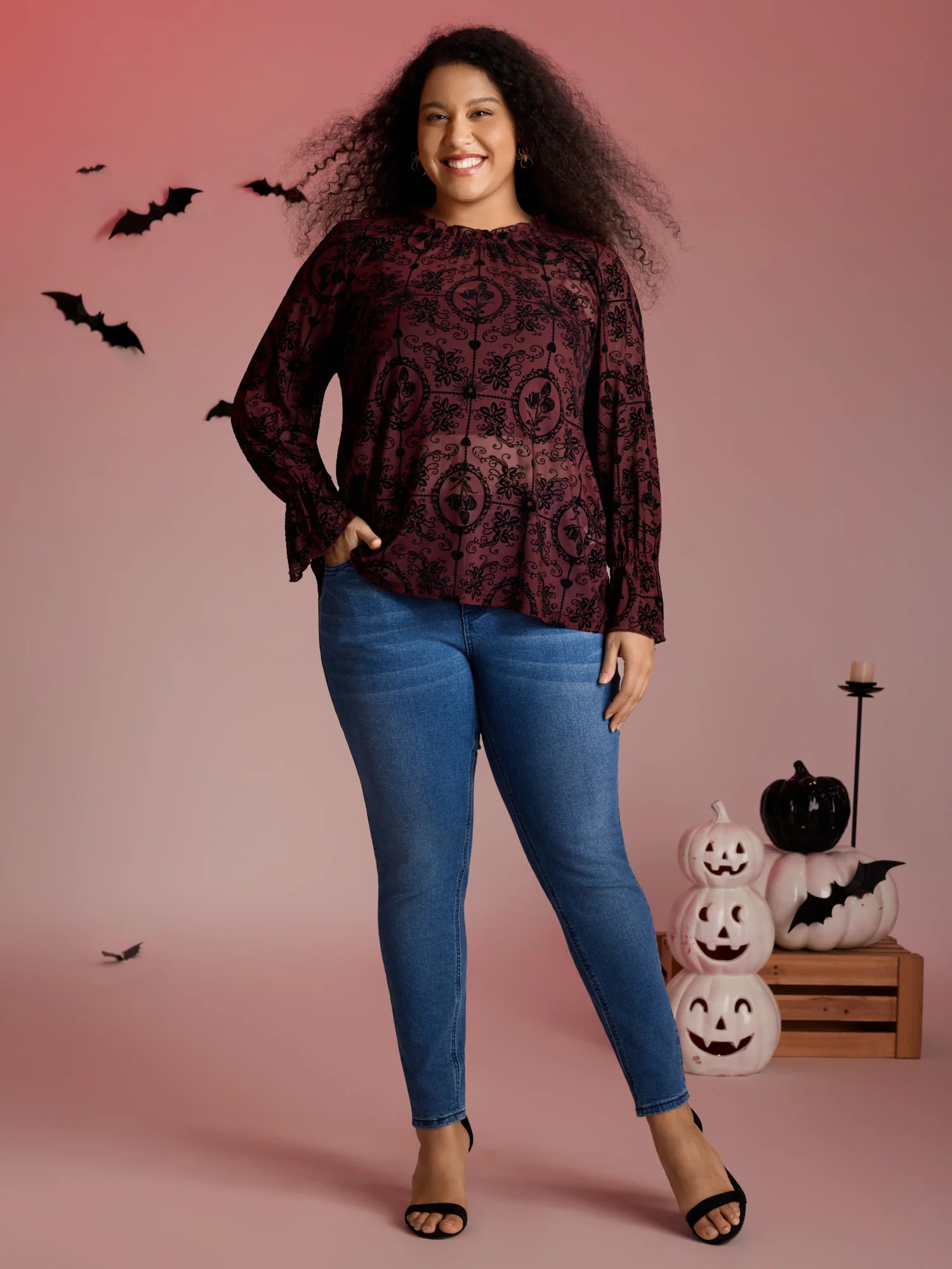 Elastic Flocked Mesh Blouse - Image 3
