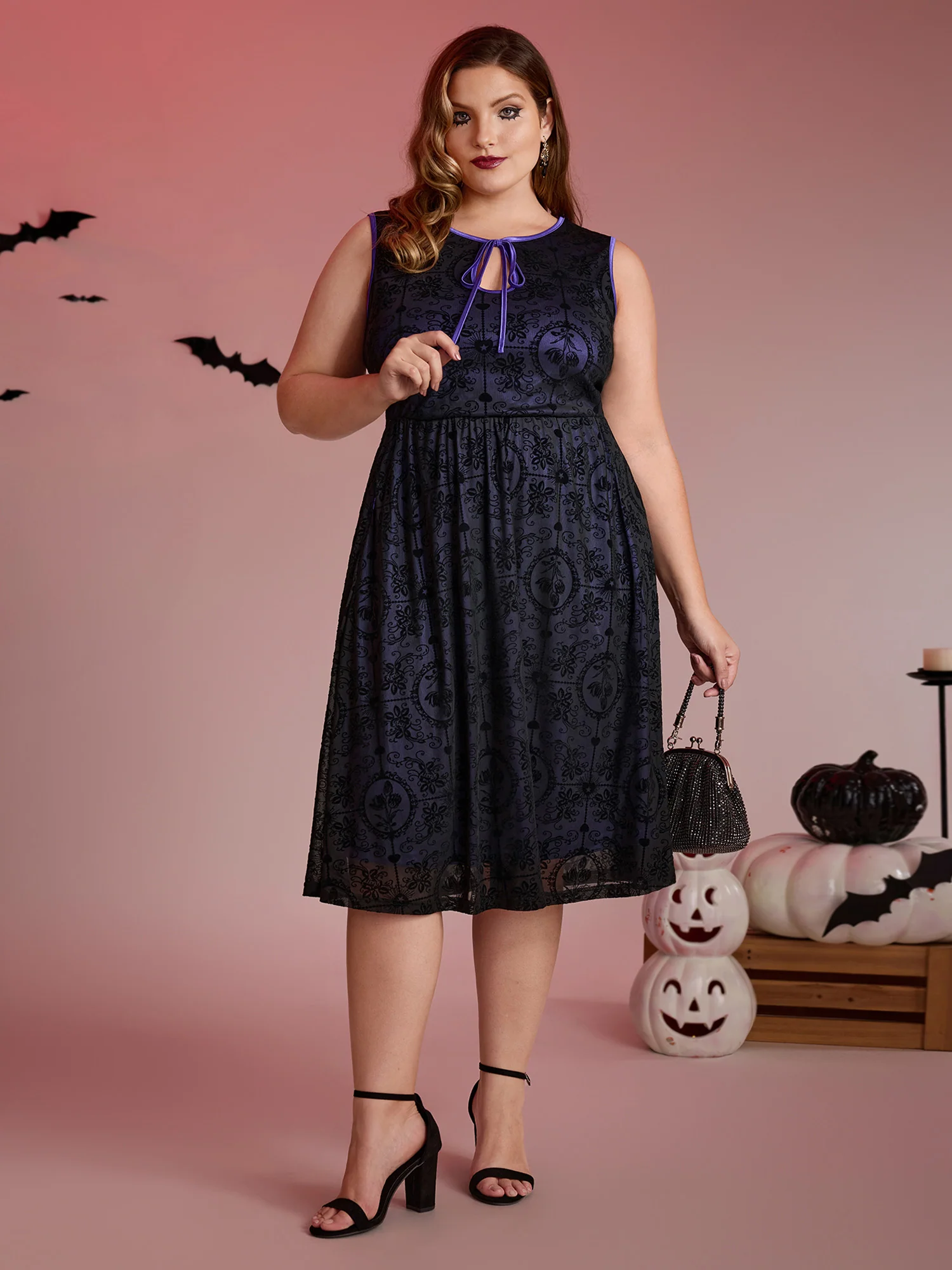 Elastic Flocked Mesh Contrast Lined Midi Dress - Image 3