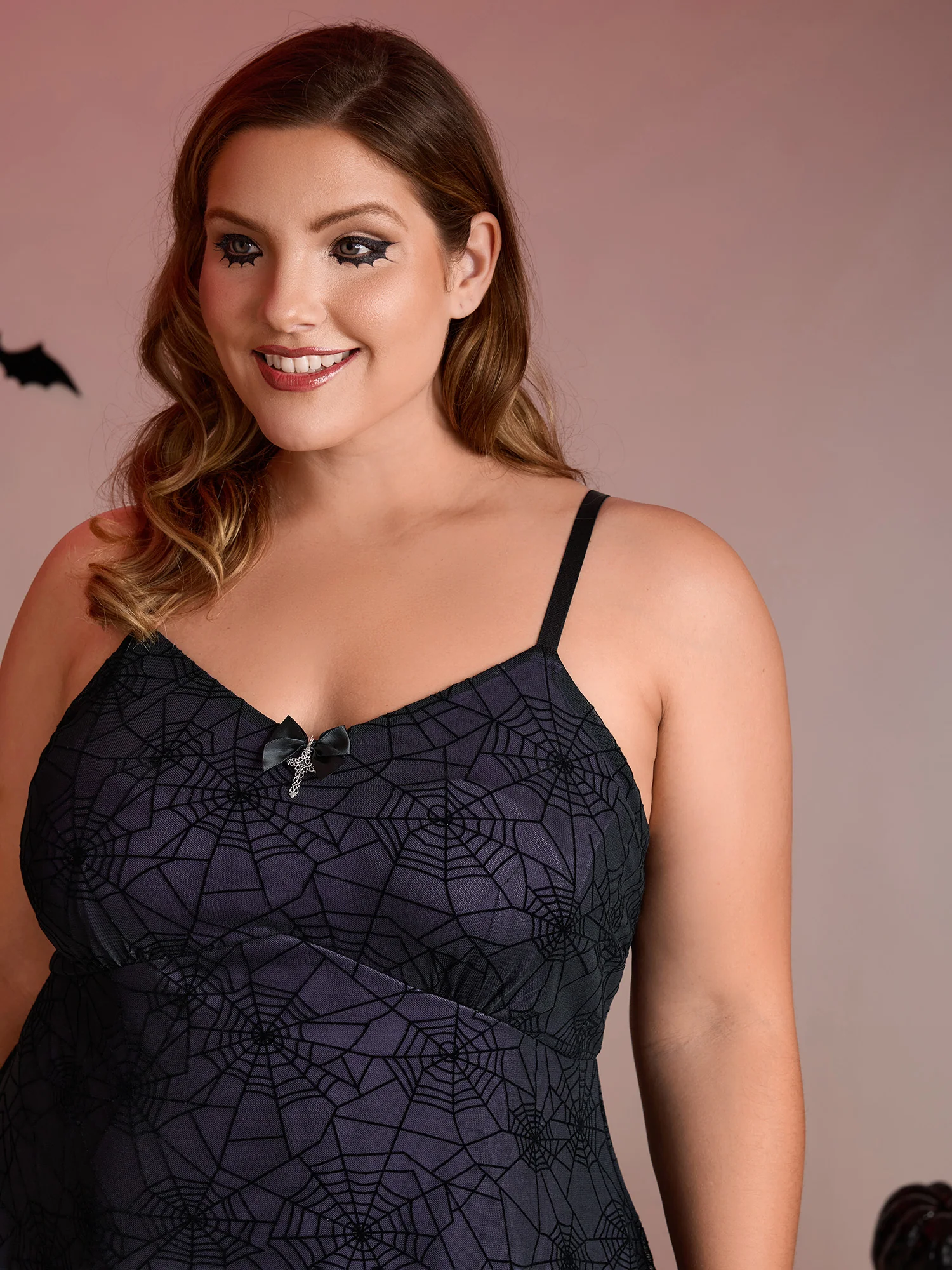 Elastic Flocked Mesh Spiderweb Print Nightgown - Image 2