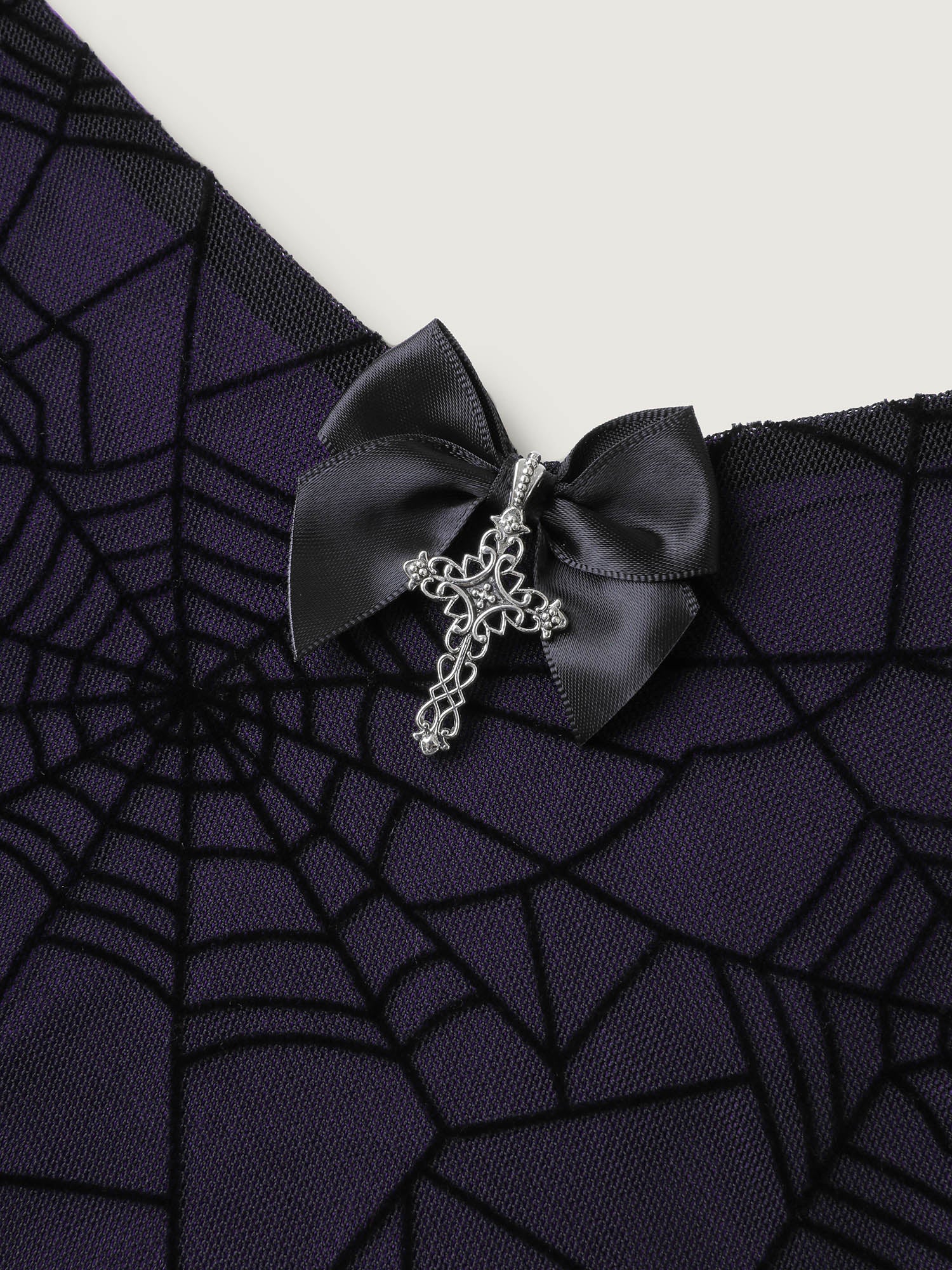Elastic Flocked Mesh Spiderweb Print Nightgown - Image 5