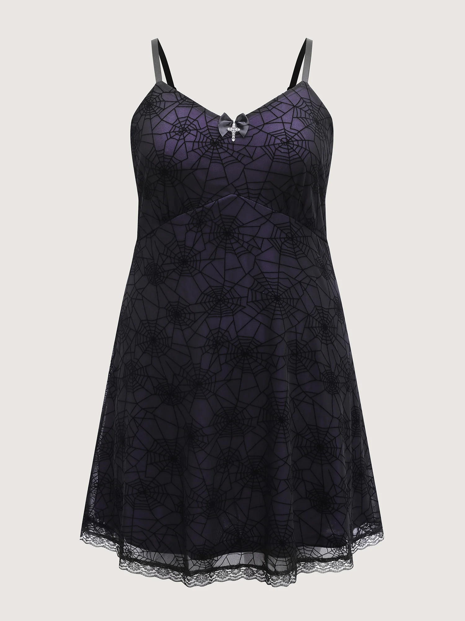Elastic Flocked Mesh Spiderweb Print Nightgown - Image 7