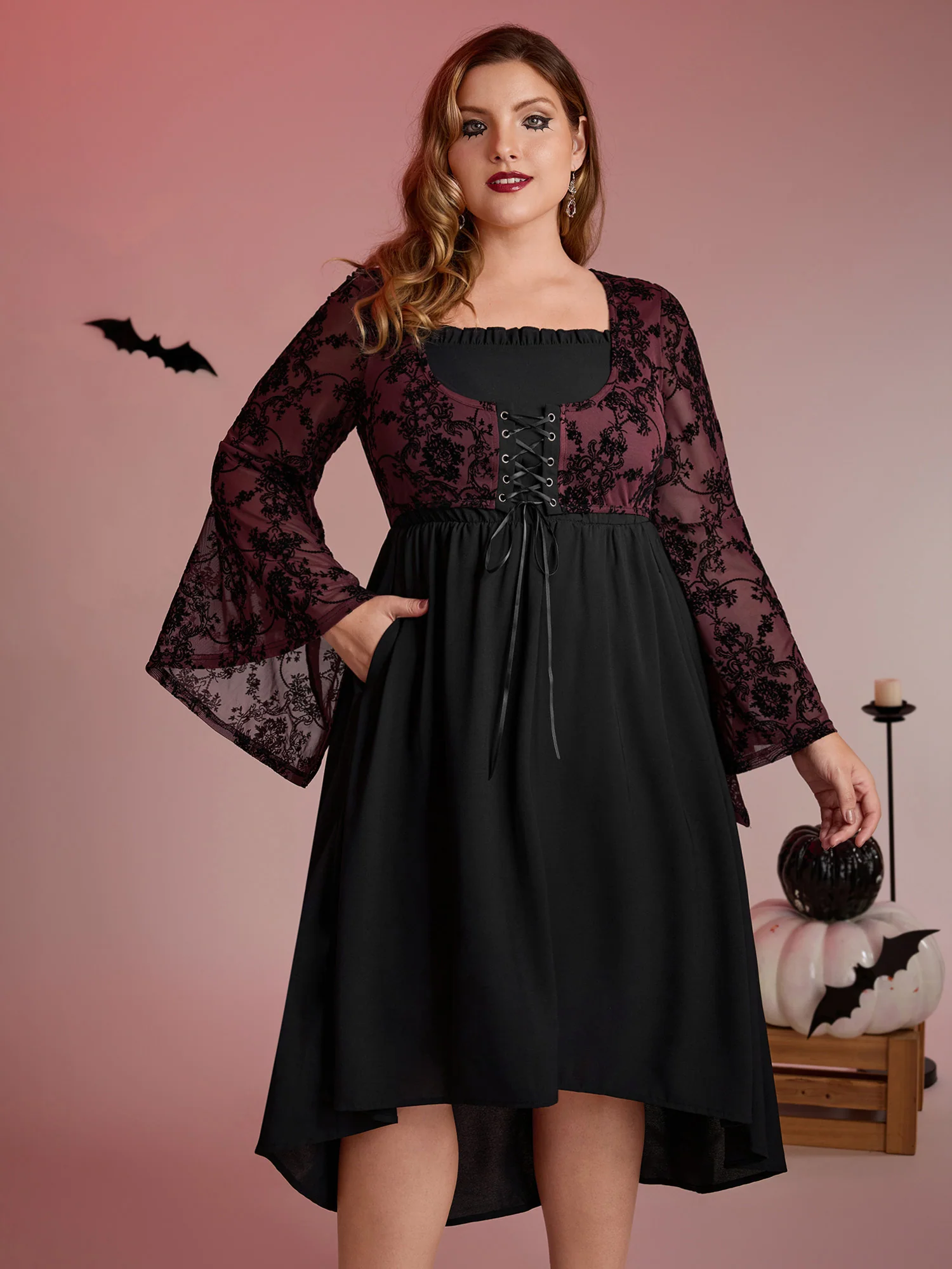 Elastic Mesh Corset-Like Ties Midi Dress - Image 4