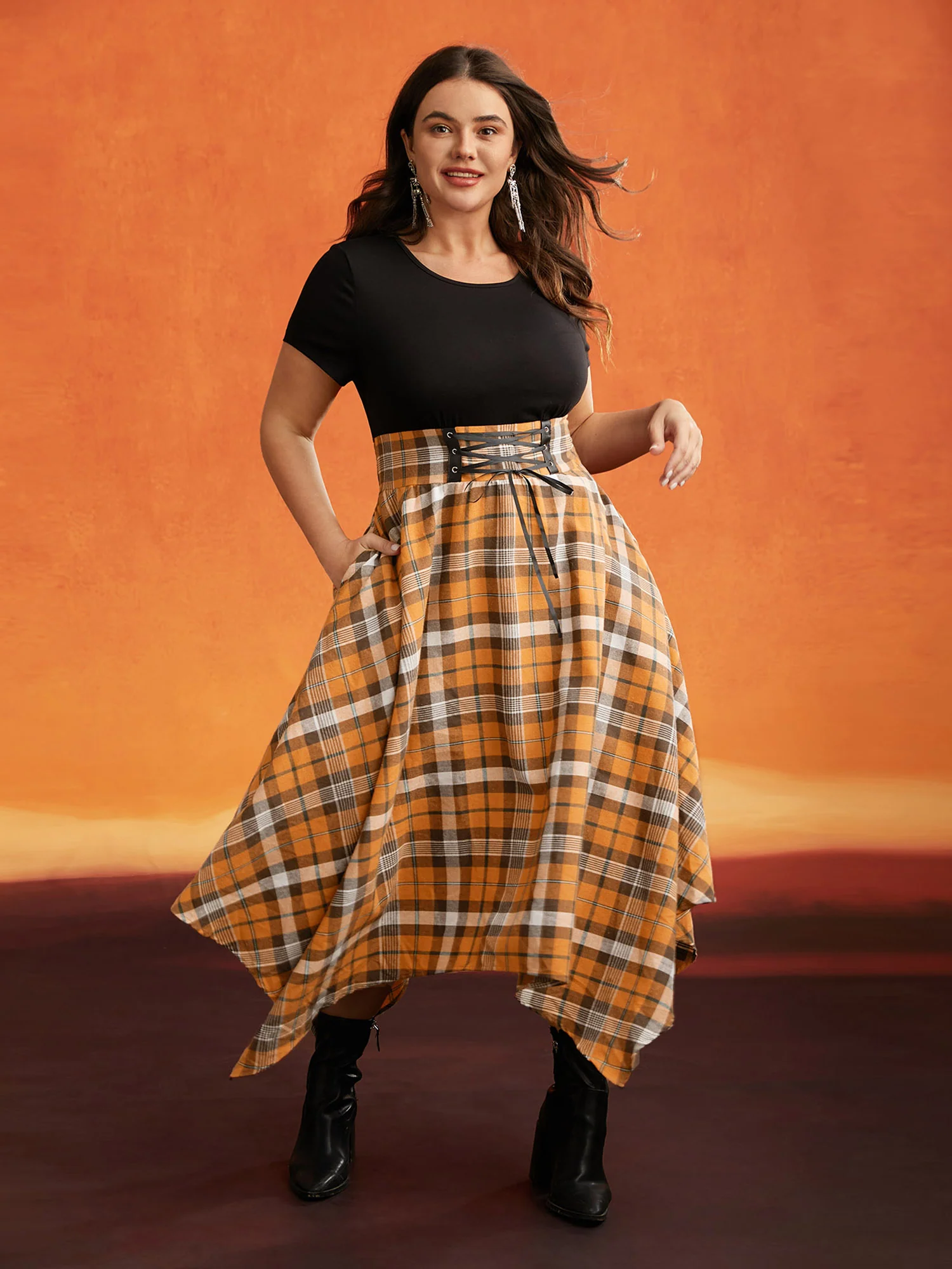 Elastic Plaid Asymmetrical Hem Dress - Image 3