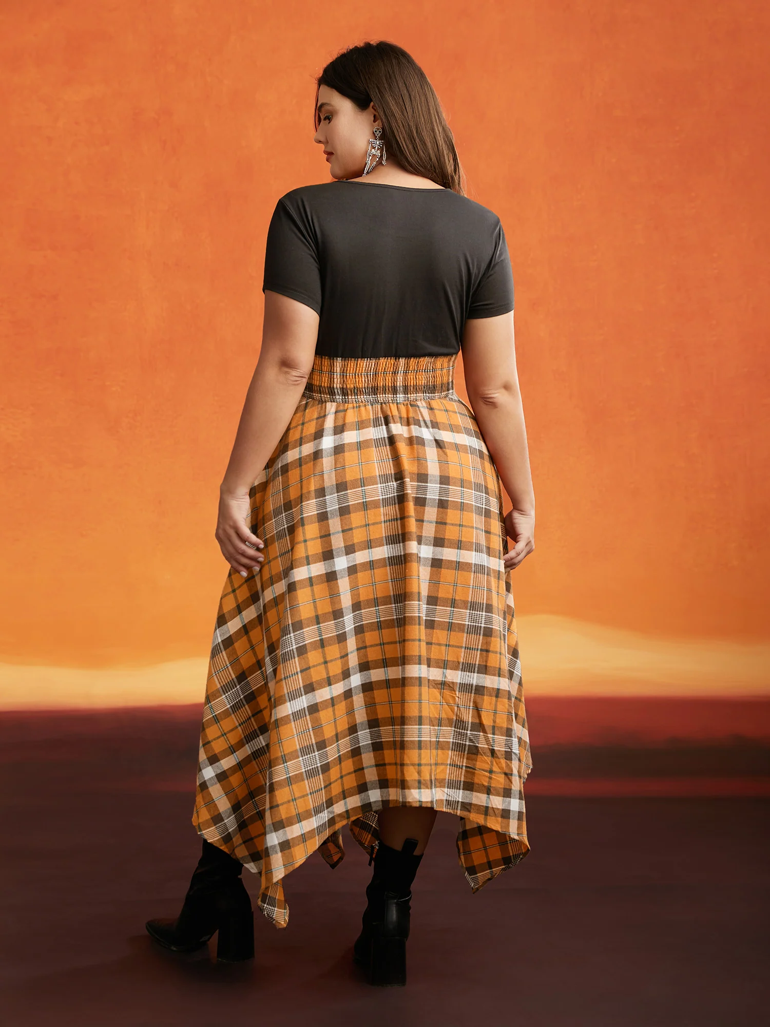 Elastic Plaid Asymmetrical Hem Dress - Image 4