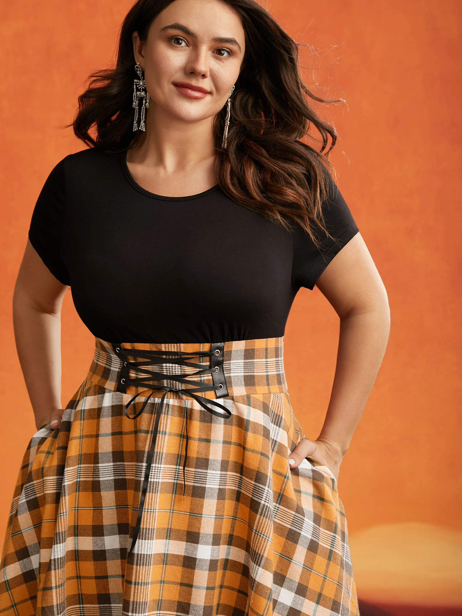 Elastic Plaid Asymmetrical Hem Dress - Image 5