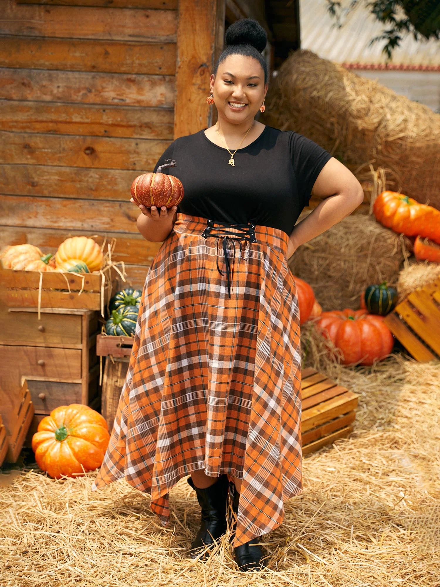 Elastic Plaid Asymmetrical Hem Dress - Image 7