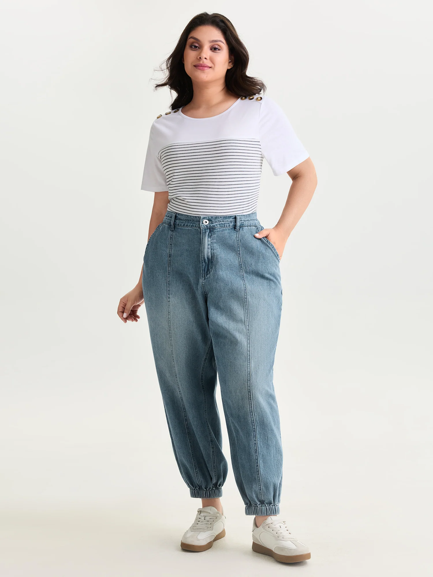 Elastic Waist Cuffed Medium Wash Jeans