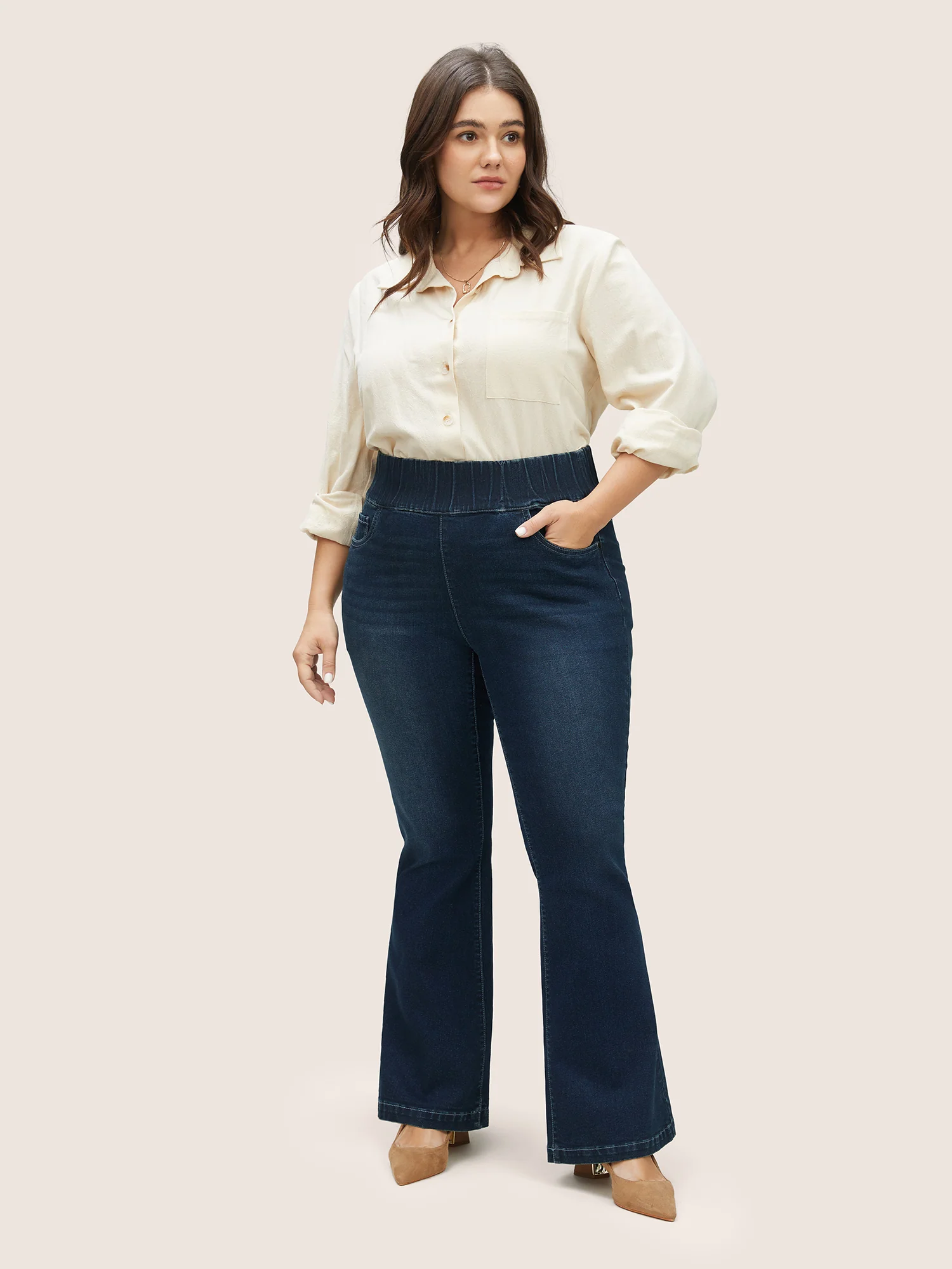 Elastic Waist Flare Leg Dark Wash Jeans - Image 2