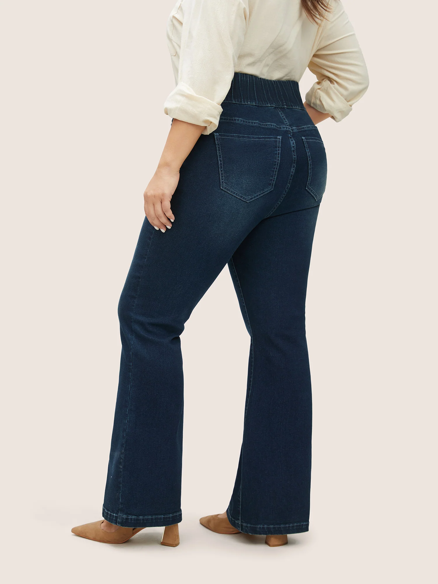 Elastic Waist Flare Leg Dark Wash Jeans - Image 3