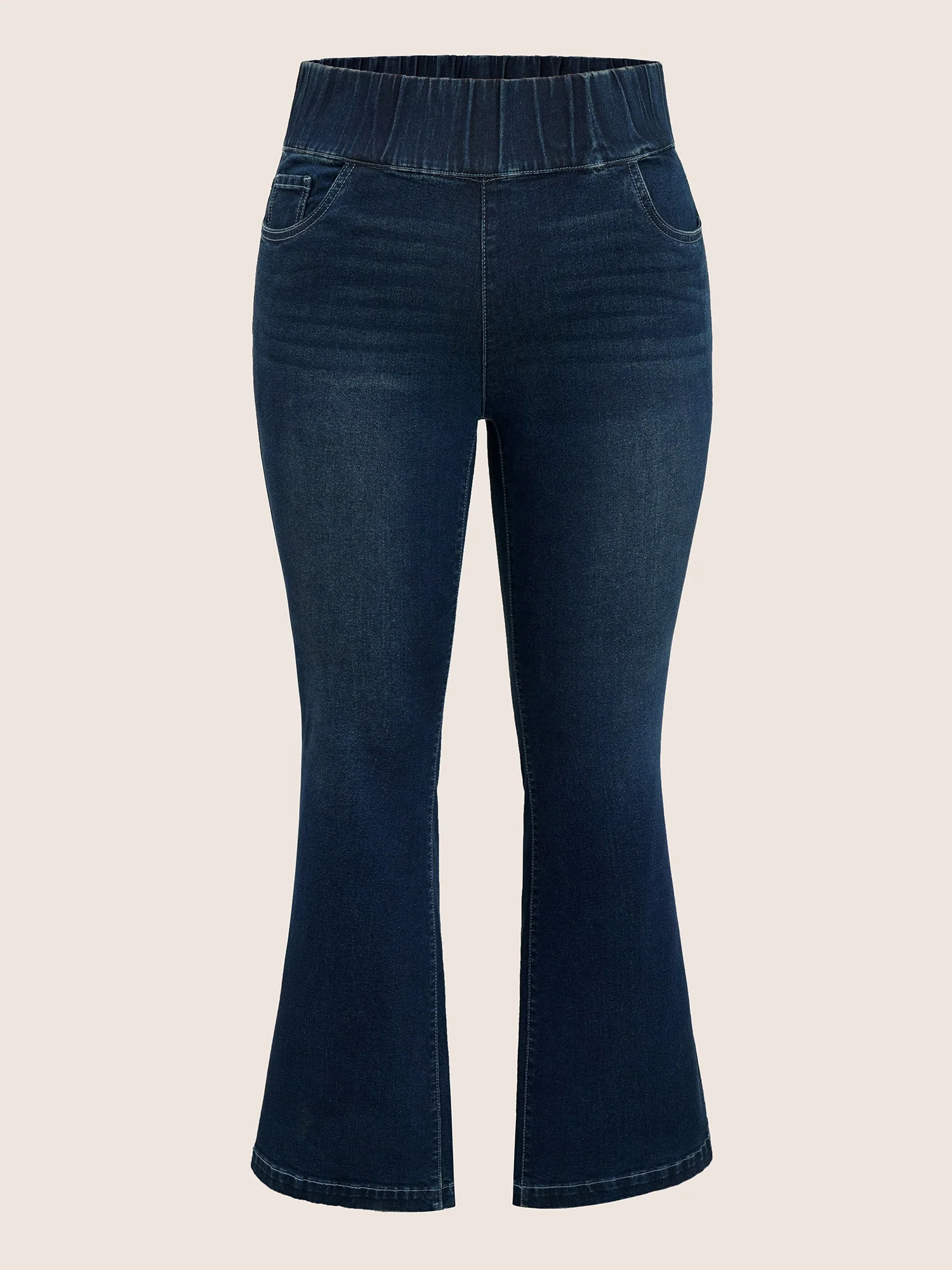 Elastic Waist Flare Leg Dark Wash Jeans - Image 7