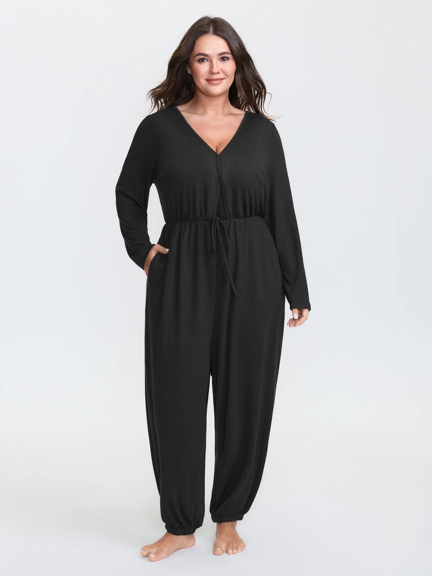 Elastic Waist Overlap Collar Lounge Jumpsuit - Image 11