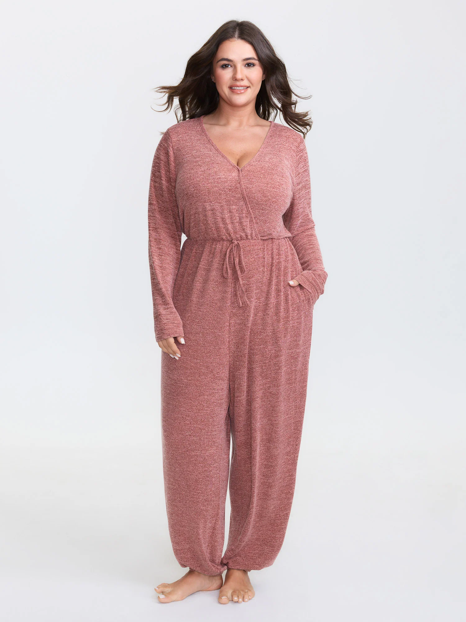 Elastic Waist Overlap Collar Lounge Jumpsuit - Image 12