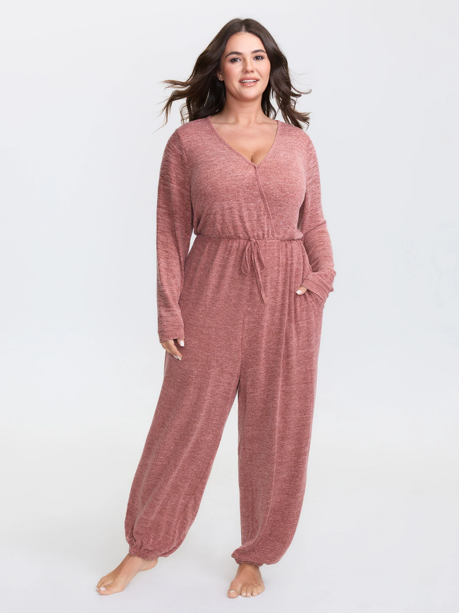 Elastic Waist Overlap Collar Lounge Jumpsuit - Image 14