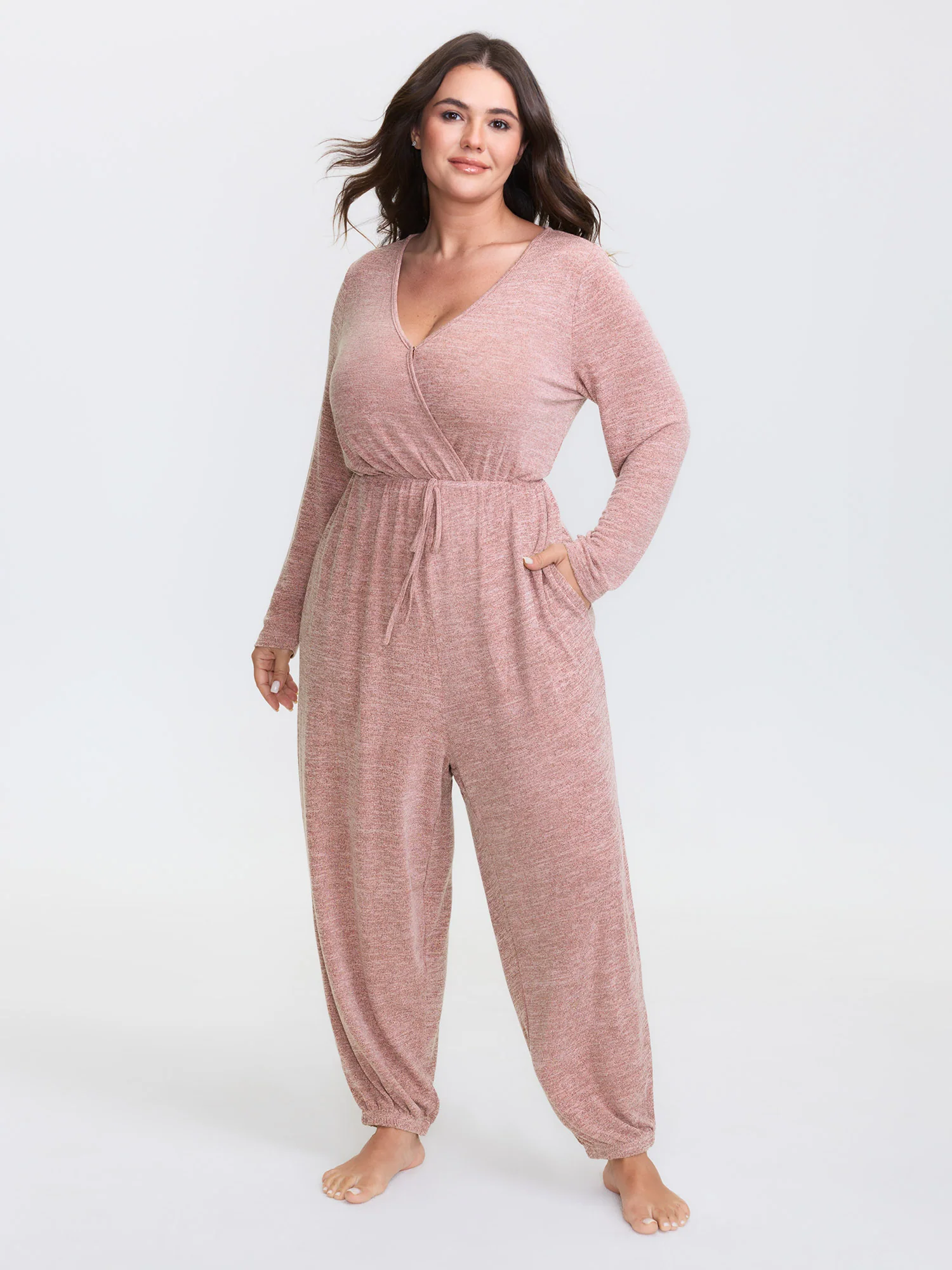 Elastic Waist Overlap Collar Lounge Jumpsuit - Image 28