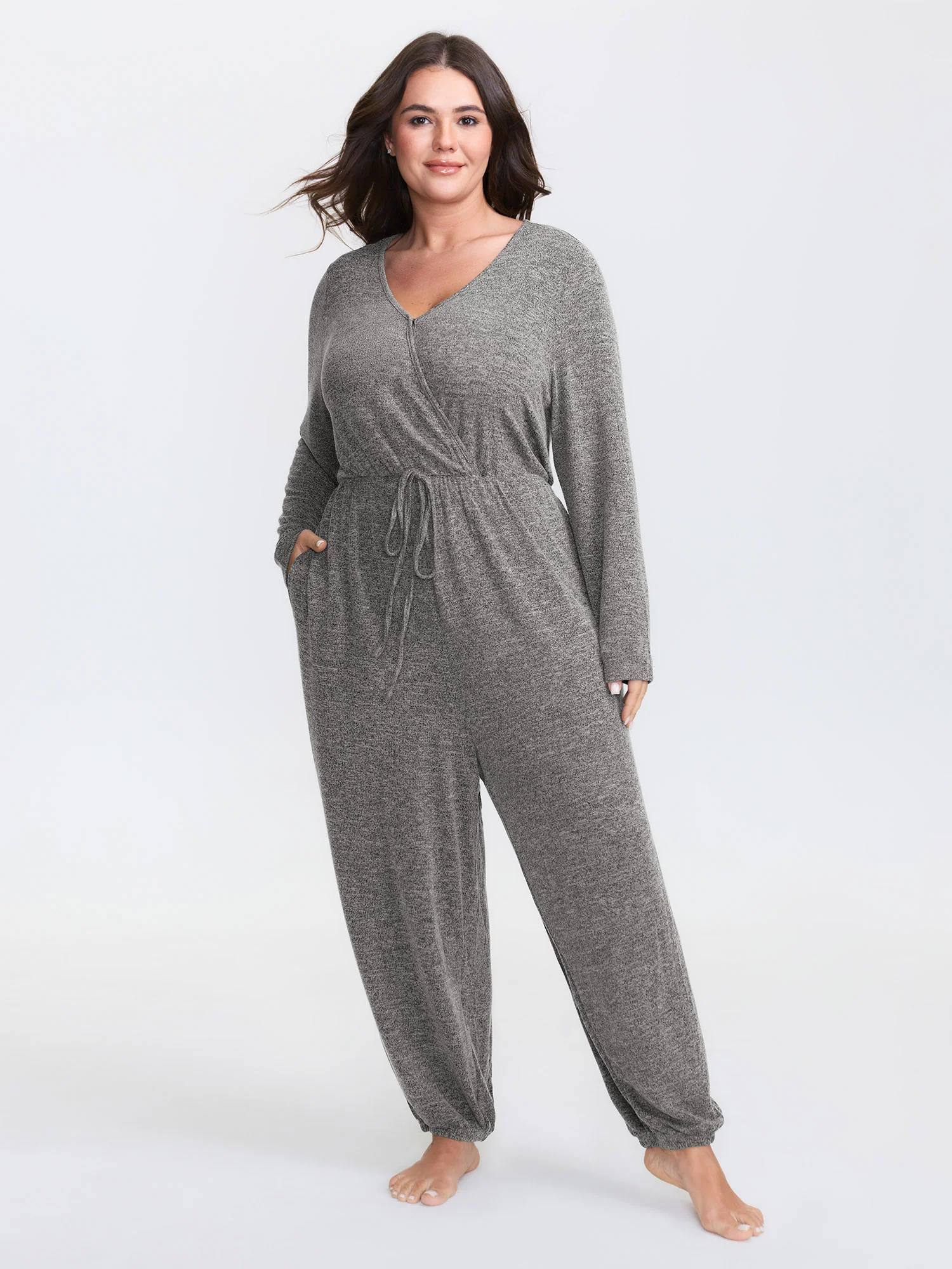 Elastic Waist Overlap Collar Lounge Jumpsuit - Image 3