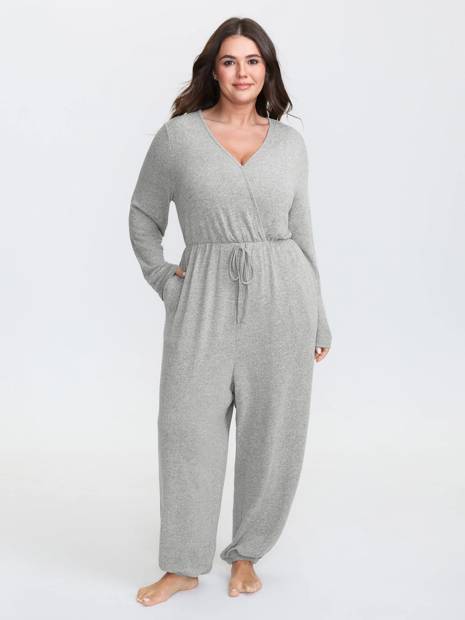 Elastic Waist Overlap Collar Lounge Jumpsuit - Image 32