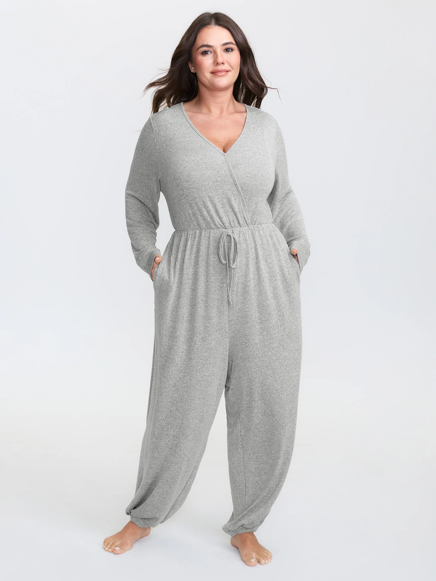 Elastic Waist Overlap Collar Lounge Jumpsuit - Image 34