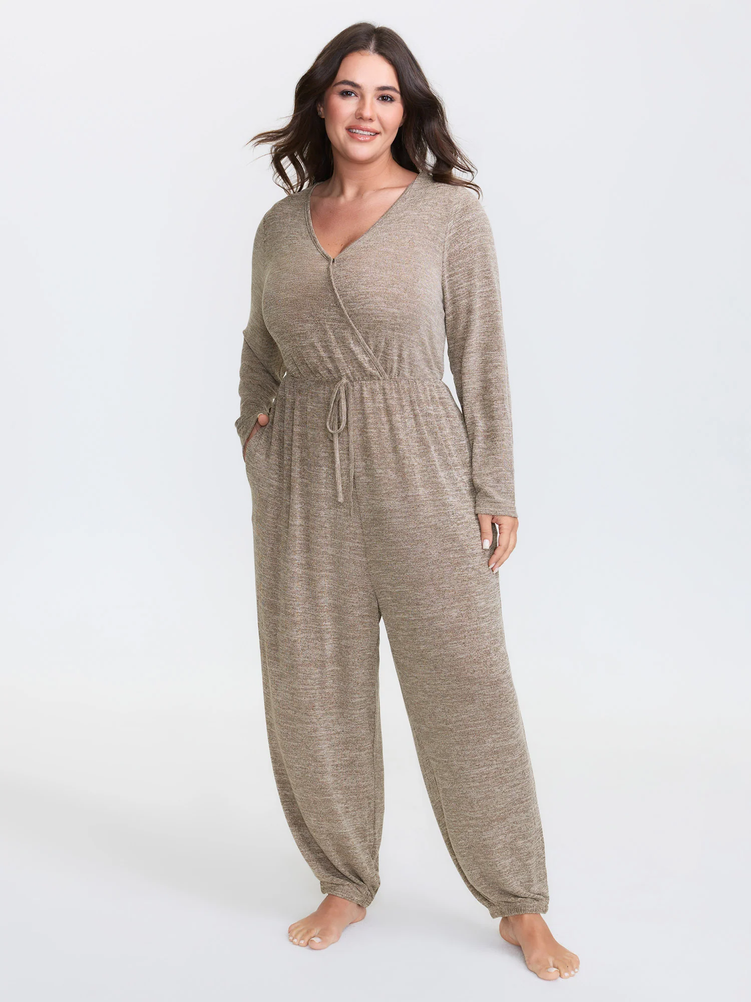 Elastic Waist Overlap Collar Lounge Jumpsuit - Image 38