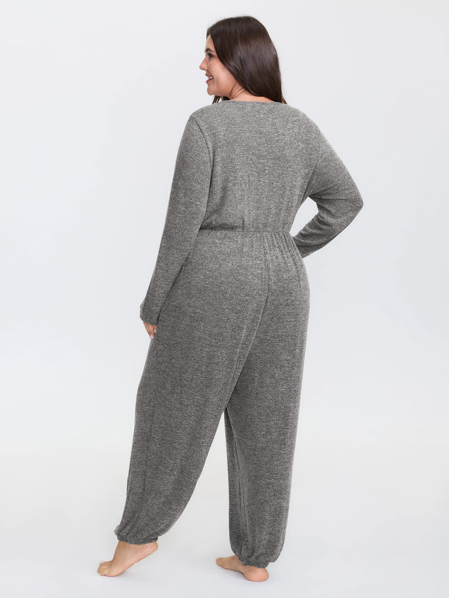 Elastic Waist Overlap Collar Lounge Jumpsuit - Image 4