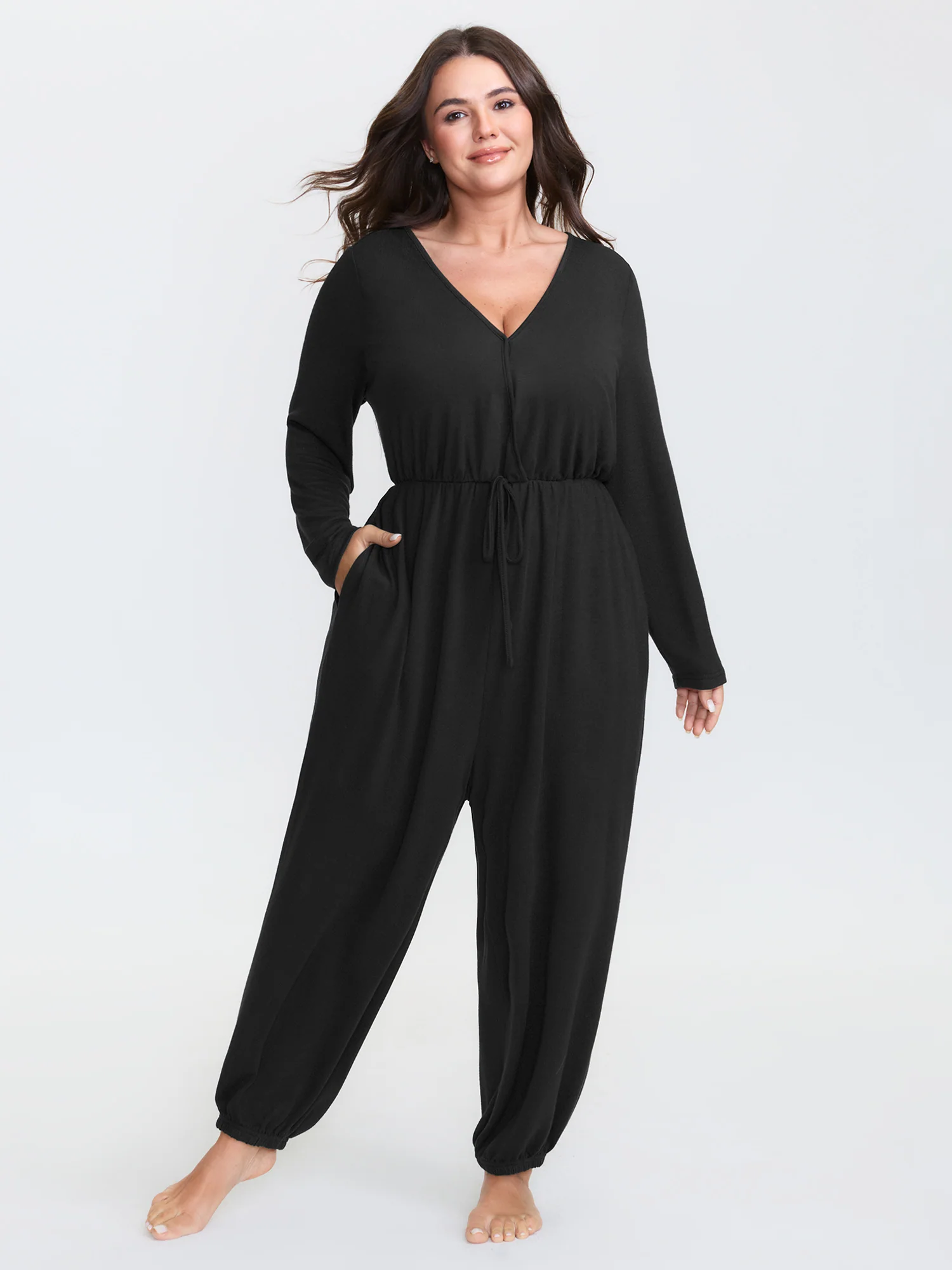 Elastic Waist Overlap Collar Lounge Jumpsuit - Image 8