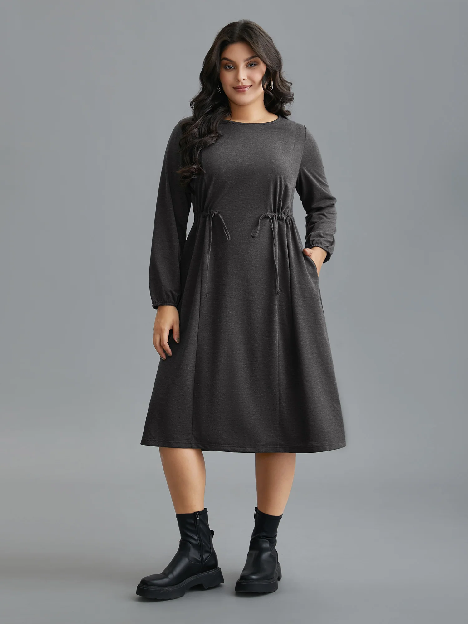 Elastic Waist Tie Round Neck Knit Midi Dress - Image 2