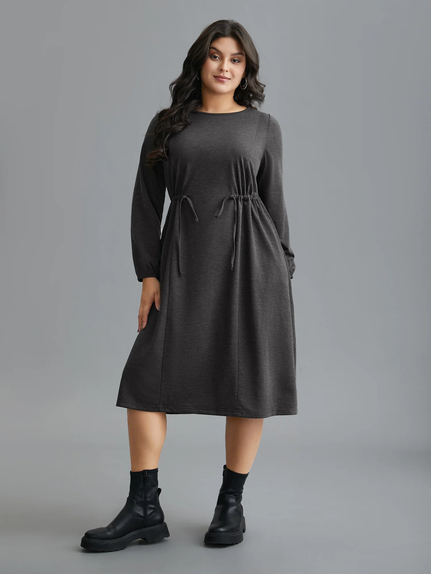 Elastic Waist Tie Round Neck Knit Midi Dress - Image 3