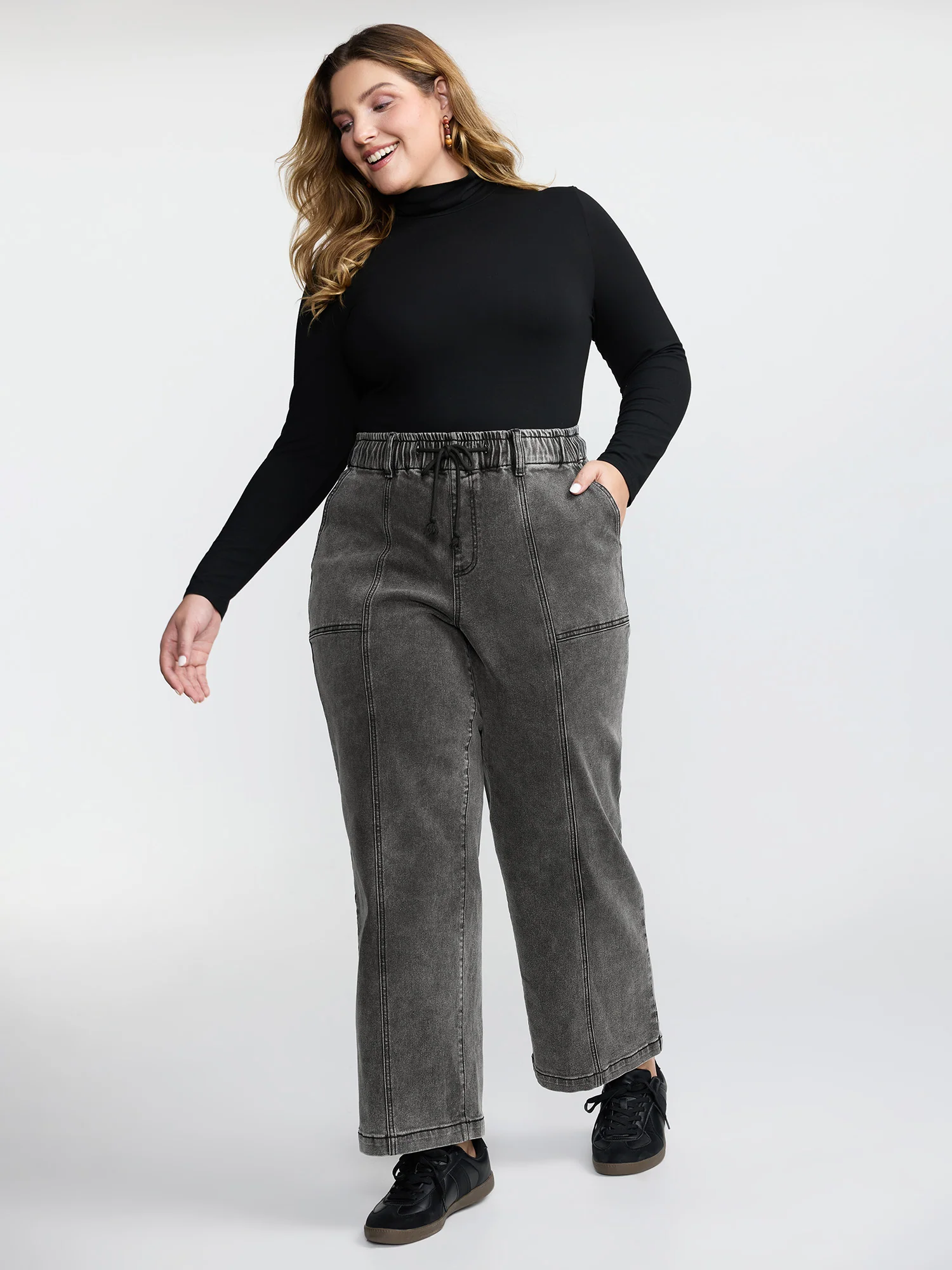 Elastic Waistband Drawstring Straight Jeans - Image 2