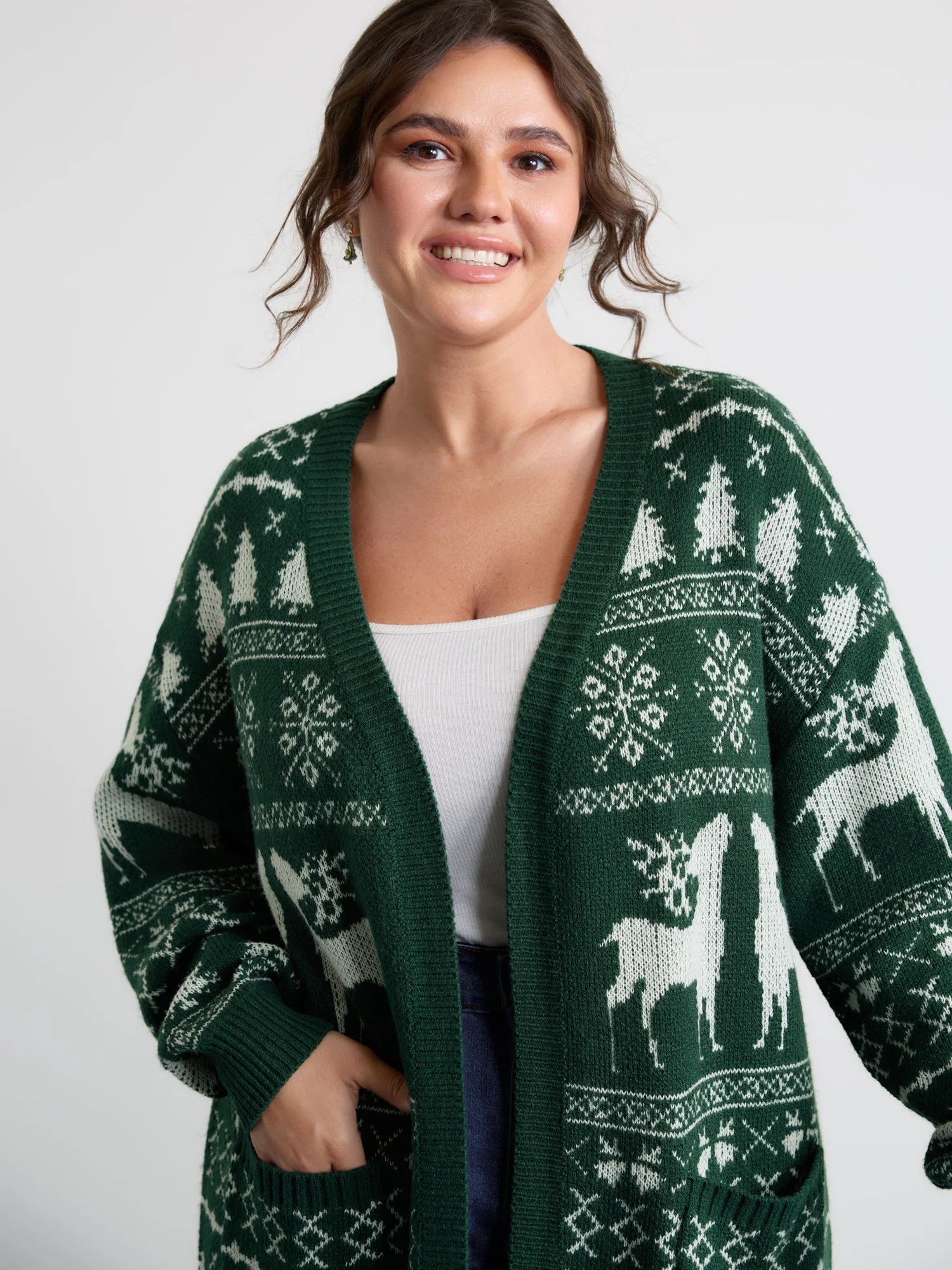 Elk Christmas Print Jacquard Open-Front Knit Cardigan - Image 2