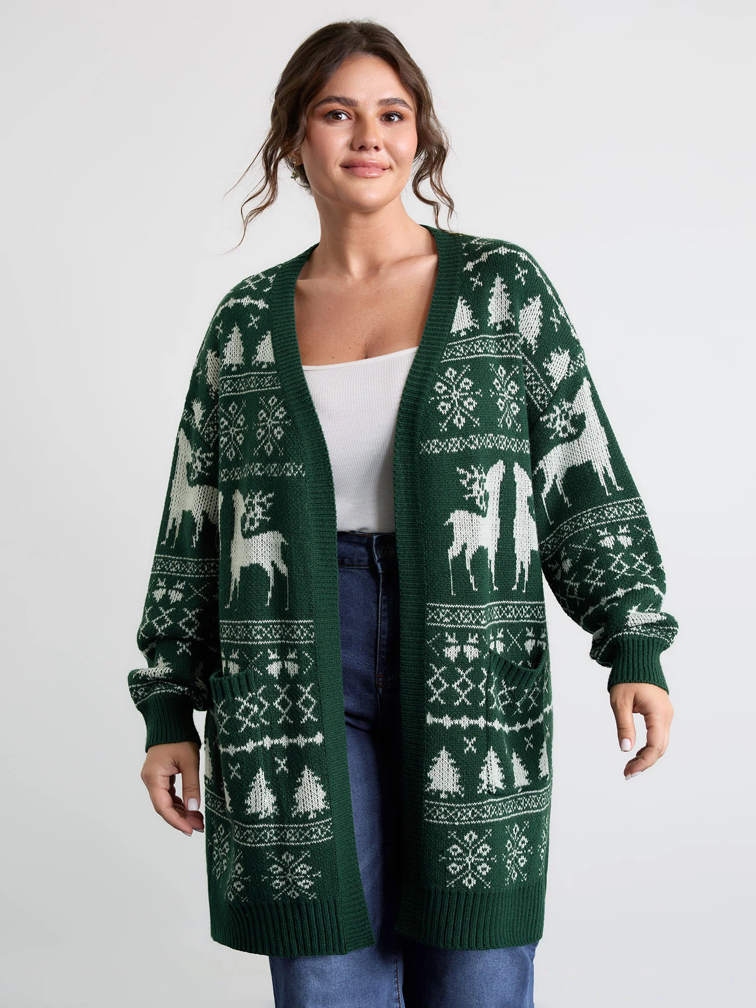 Elk Christmas Print Jacquard Open-Front Knit Cardigan - Image 3