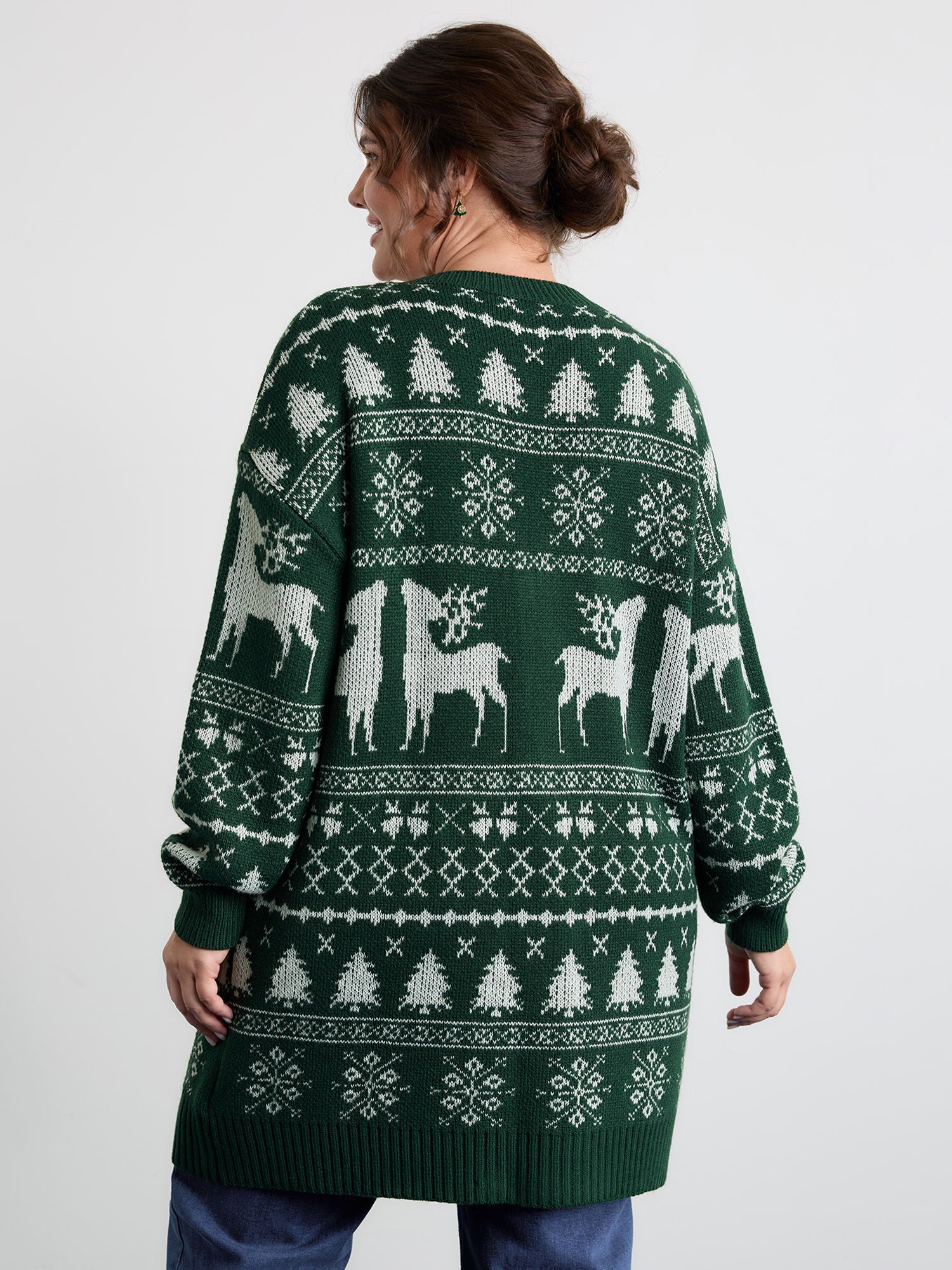 Elk Christmas Print Jacquard Open-Front Knit Cardigan - Image 4