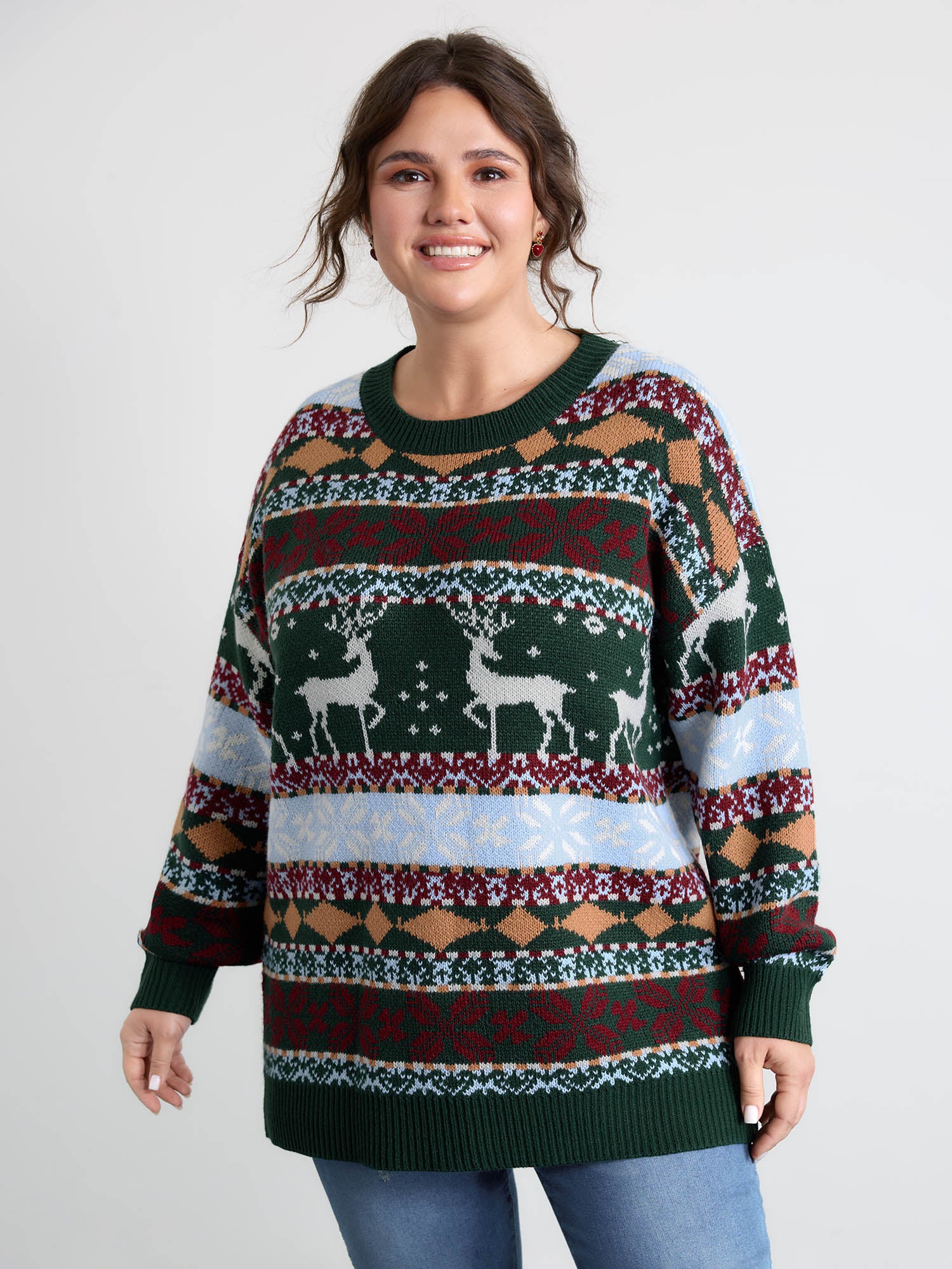 Elk Christmas Print Jacquard Ribbed Hem Pullover - Image 2