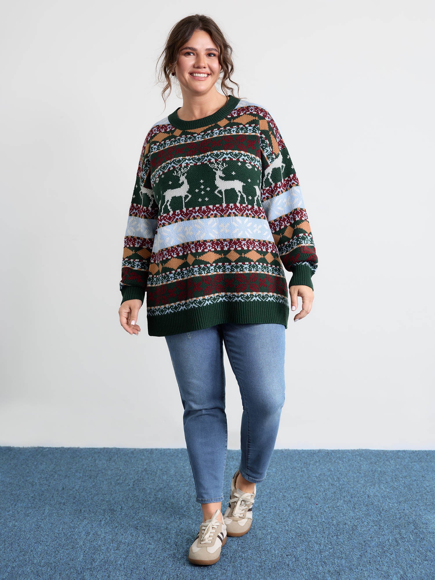 Elk Christmas Print Jacquard Ribbed Hem Pullover - Image 3