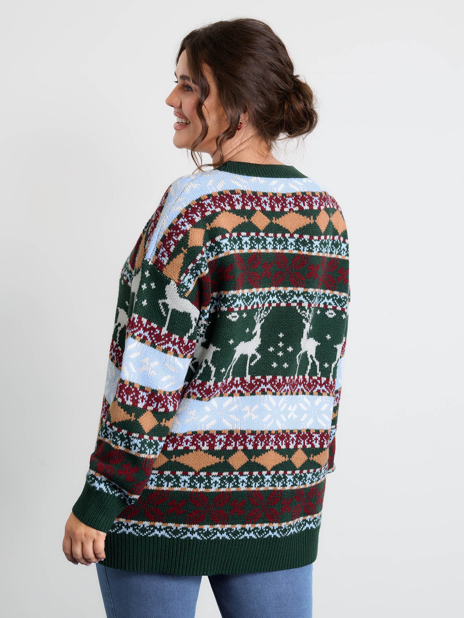 Elk Christmas Print Jacquard Ribbed Hem Pullover - Image 4