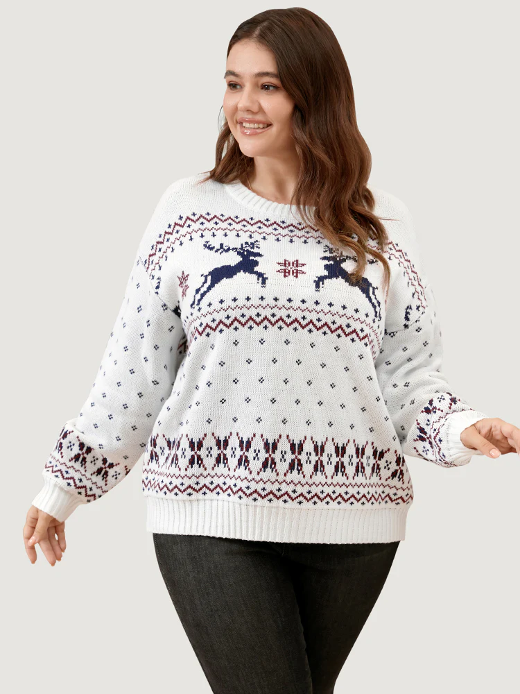 Elk & Snowflake Pointelle Knit Round Neck Knit Top - Image 2