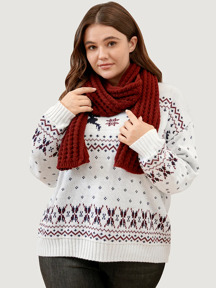 Elk & Snowflake Pointelle Knit Round Neck Knit Top - Image 3