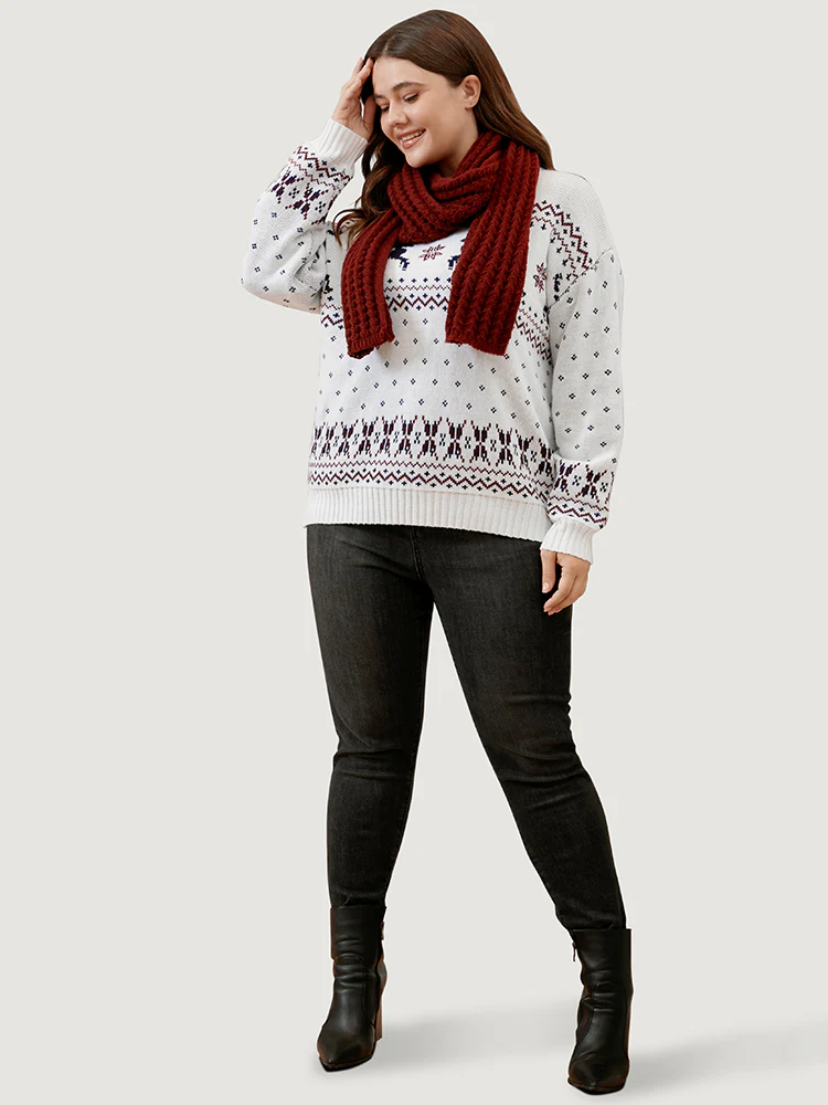 Elk & Snowflake Pointelle Knit Round Neck Knit Top - Image 4