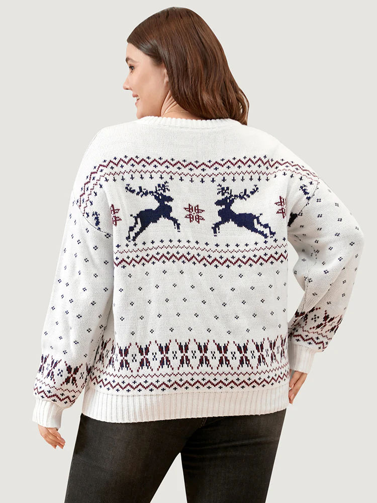 Elk & Snowflake Pointelle Knit Round Neck Knit Top - Image 5