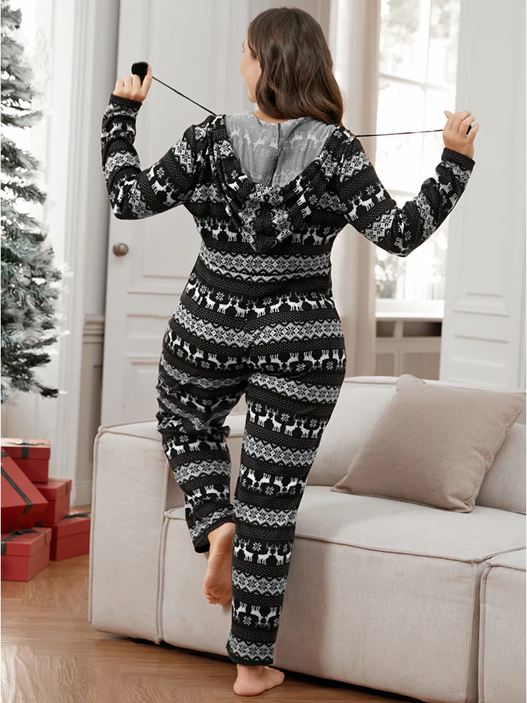 Holiday-Ready Print Zipper Hooded Lounge Jumpsuit - Image 5