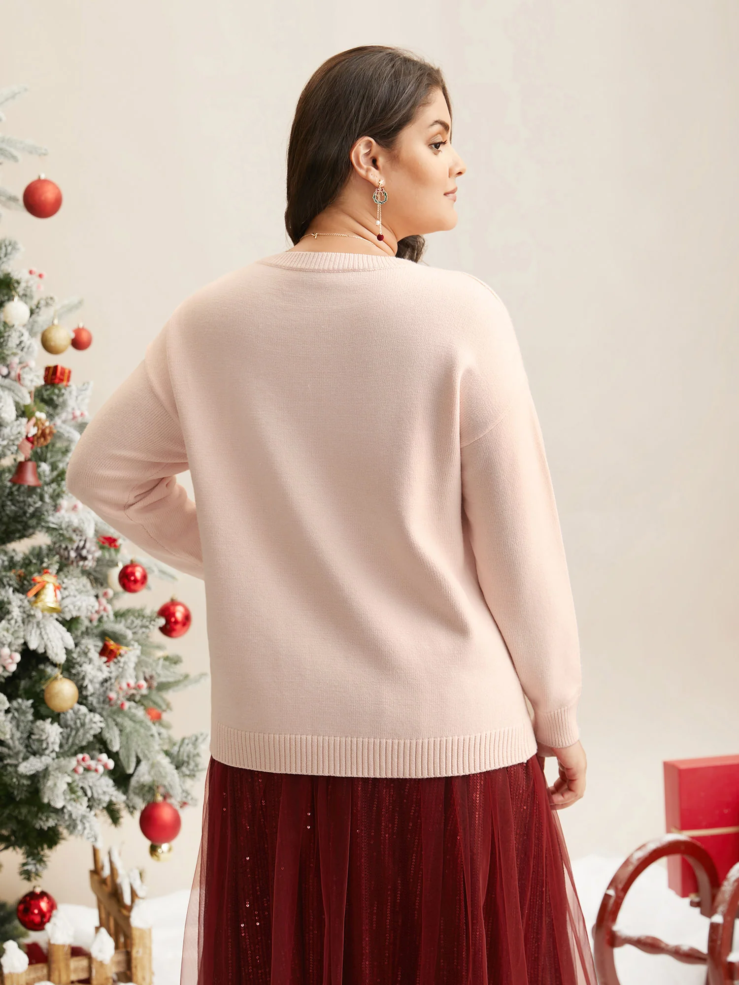 Embroidered Bow Tie Drop Shoulder Pullover - Image 2