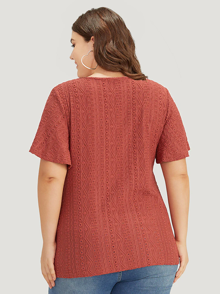 Embroidered Button Detail Crew Neck Flutter Sleeve T-shirt - Image 3