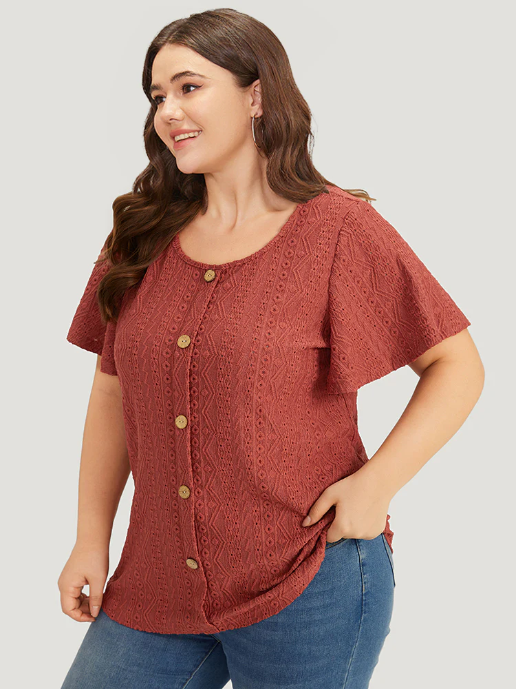 Embroidered Button Detail Crew Neck Flutter Sleeve T-shirt - Image 4