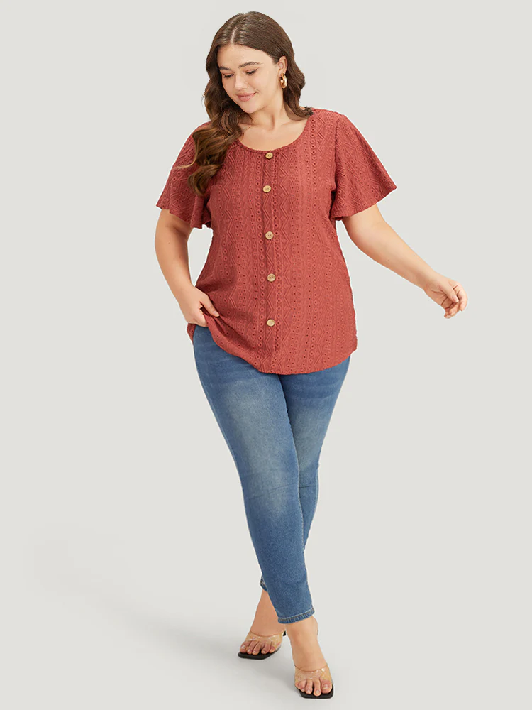 Embroidered Button Detail Crew Neck Flutter Sleeve T-shirt - Image 5
