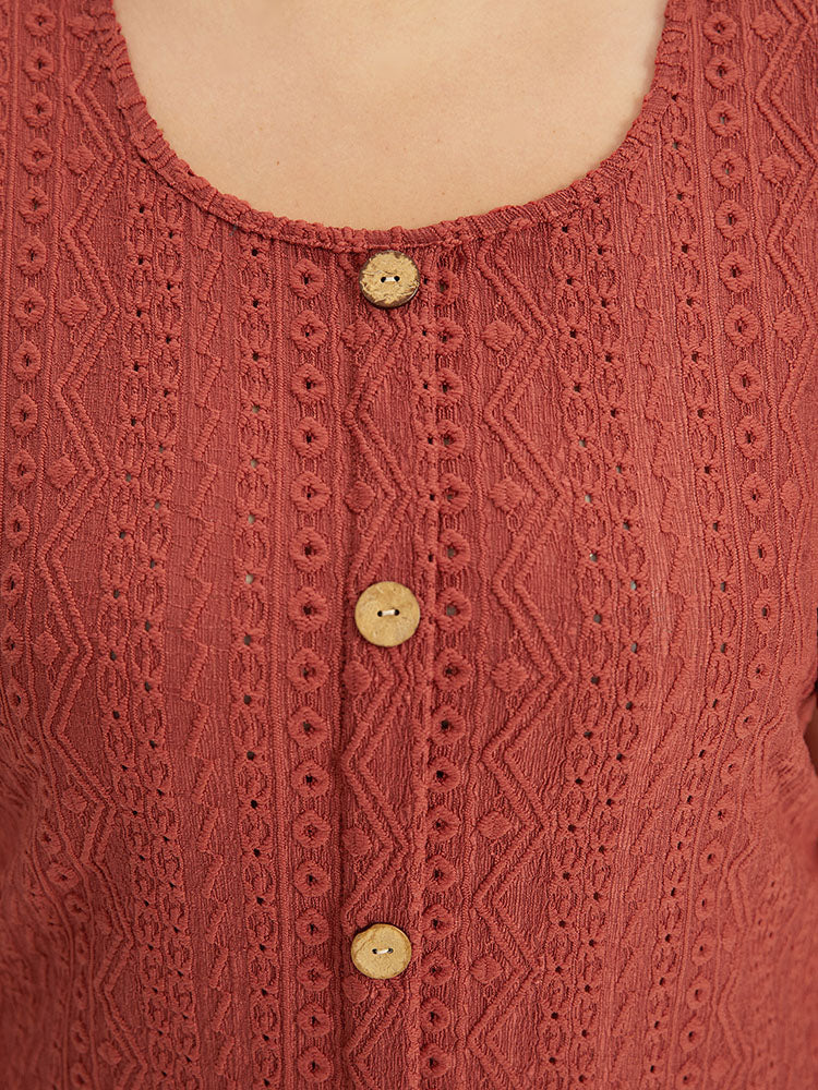 Embroidered Button Detail Crew Neck Flutter Sleeve T-shirt - Image 6